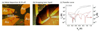 아이오닉 리퀴드 게이트 소자의 아이오닉 리퀴드 뿌리기 (a) 전과 (b) 후의 광학 이미지, (c) 트랜스퍼 커브