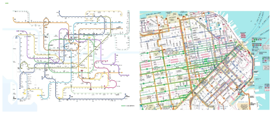 서울의 지하철 노선도 (좌), San Francisco, US 의 대중교통 노선도 (우)