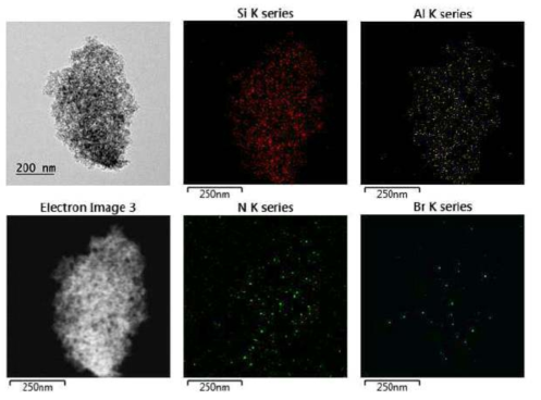 유기-무기 혼성 제올라이트 촉매의 투과전자현미경 사진과 이에 대한 원소 분석 지도(Elemental Mapping)를 통한 Si, Al, N, Br의 분포도 분석 결과