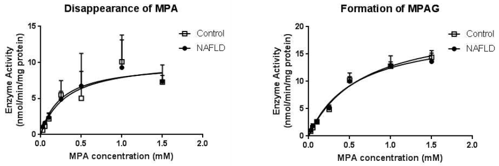 Mean velocities of MPA disappearance and MPAG formation in hepatic microsomal fractions of control (n = 4) and NAFLD rats (n = 4)