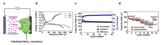 a) Na-ion battery (SIB) half-cell 도식도, b) 충방전 곡선, c) 사이클링 안정성과 쿨롱 효율, d) 벌크소재와 나노소재의 비교