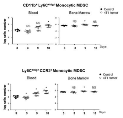유방암 마우스 모델에서 CCR2+ 단핵구성 골수유래 면역억제세포 분석결과