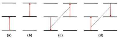 (a) 바닥준위흡수 GSA(Ground state absorption), (b) 여기준위흡수 ESA(Excitied state absorption), (c) 에너지전달상방전환 ETU(Energy transfer upconversion), (d) 교차이완 CR(Cross-relaxation) 과정