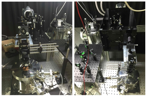 자체 제작된 형광 현미경 장비. 샘플은 진공안에 위치하게 되면 형광 이미지는 CCD 카메라를 통해 포집된다