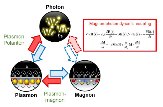 전자기파, 전하 진동, 스핀파 각각의 양자에 대응되는 광자, 플라즈몬, 마그논의 상호관계