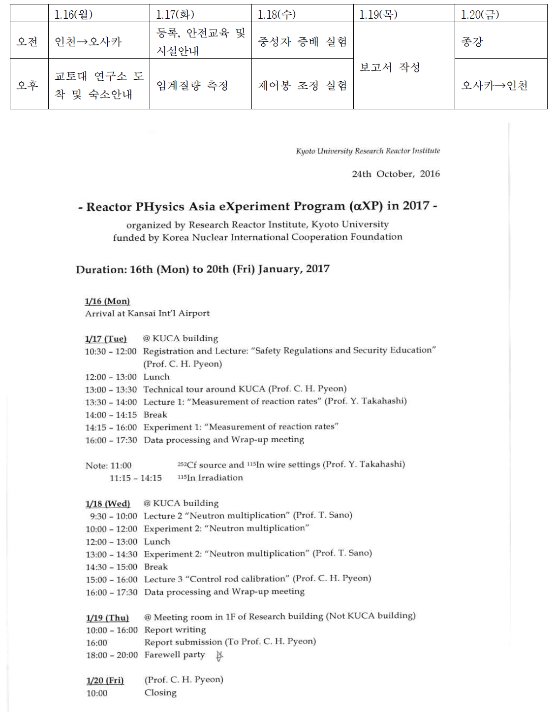 2017 교토대 현지 실험실습 교육 일정