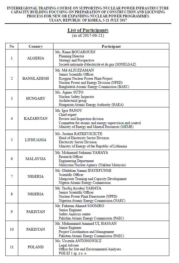 IAEA 단기 교육과정 참가자 명단