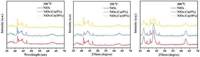 300 ℃, 350 ℃, 그리고 400 ℃에서 열처리한 순수 NiO와 Cu가 도핑된 NiO 나노입자의 XRD 패턴