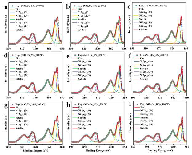 300 ℃, 350 ℃ 그리고, 400 ℃에서 하소된 순수 NiO와 Cu 도핑된 NiO 나노입자의 XPS 스펙트럼