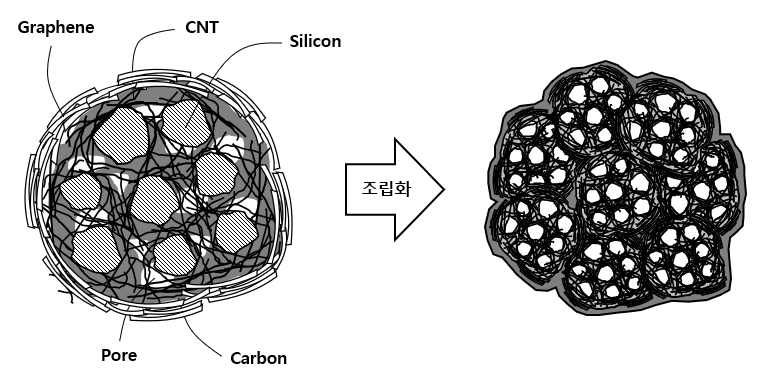Graphene coated micro-sized Si / CNT / Carbon 복합입자 구조 개략도
