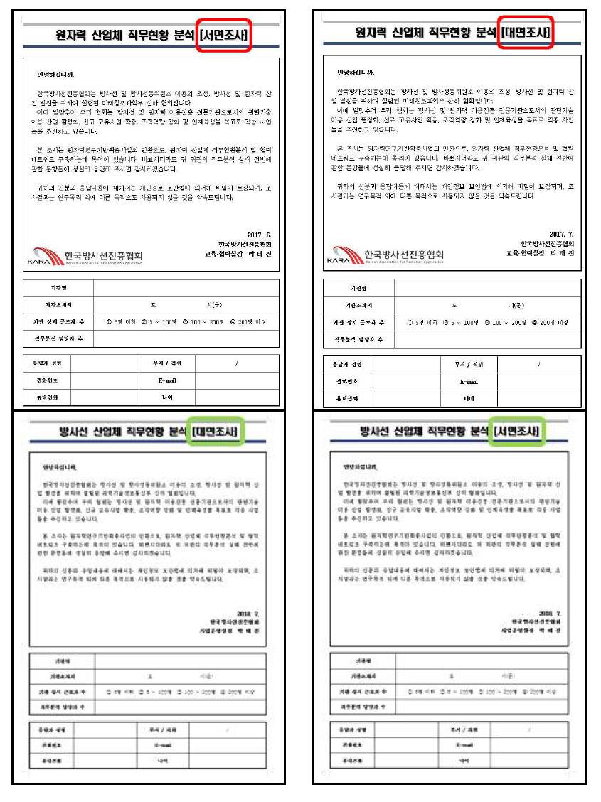 원자력 및 방사선 산업체 직무분석 설문지(서면조사(왼쪽), 대면조사(오른쪽))