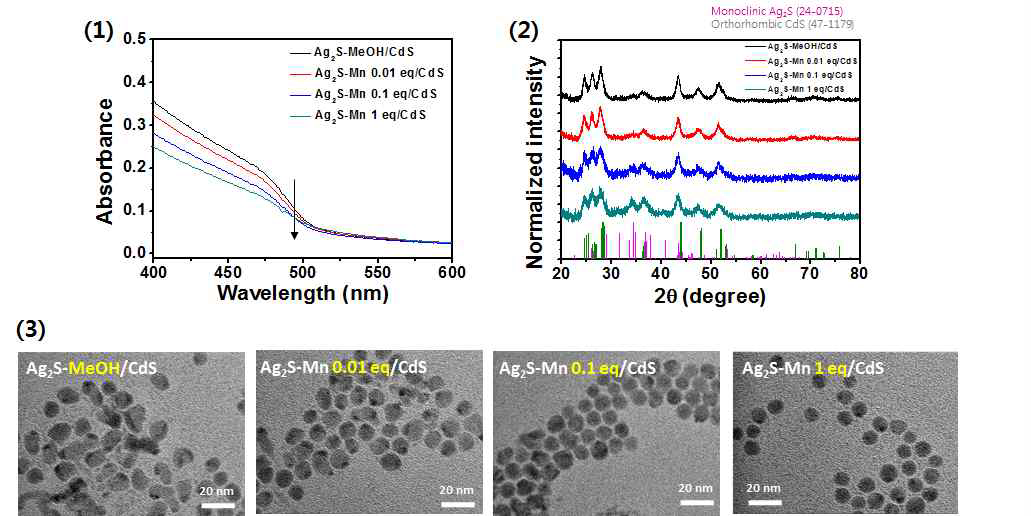 8.8 nm Ag2S 양자점에 처리한 Mn2+ 이온양에 따른 CdS의 비등방적 성장의 (1) 흡광, (2) x-선 회절 패턴, (3) 투과전자현미경 사진