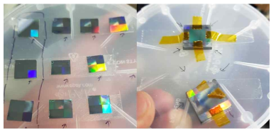 실리콘 기판위에 D=900nm, H=500nm, 주기=1um 크기로 제작된 메타물질 복사체 사진