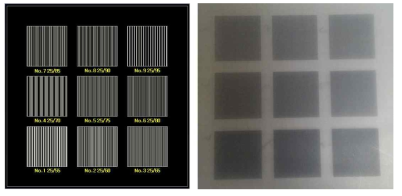 1D 마이크로 패터닝을 위한 (좌) 포토마스크 설계도 및 (우) 제작된 포토마스크 사진