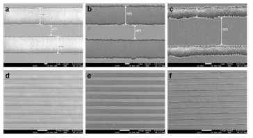 AAO 상단 PR 이용한 1D 패턴 광 리소그래피 결과 SEM 사진. (a, d)No.8 (b, e)No.5 and (c, f)No.2 샘플