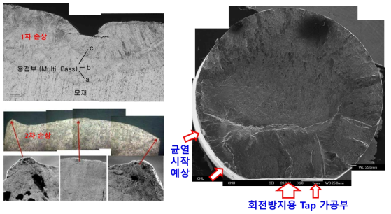 1, 2차 손상된 캡슐 rod tip 내부 조직 및 2차 손상 rod tip의 전체 파단면