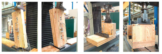 CLT 결합부의 전단시험(좌)과 인장시험(우)시 시험편의 설치