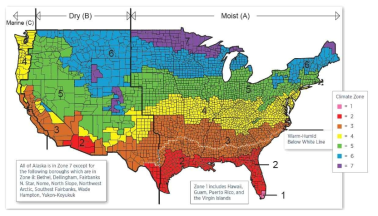 미국 에너지부에서 제시된 미국의 지역 구분 (출처: International Energy Conservation Code, U.S. Department of Energy, 2012)