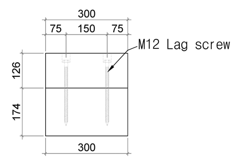 목질복합 CLT 바닥-외벽 사이의 래그나사못 접합부에 대한 섬유방향 및 섬유직각방향 전단시험 시편의 입면도