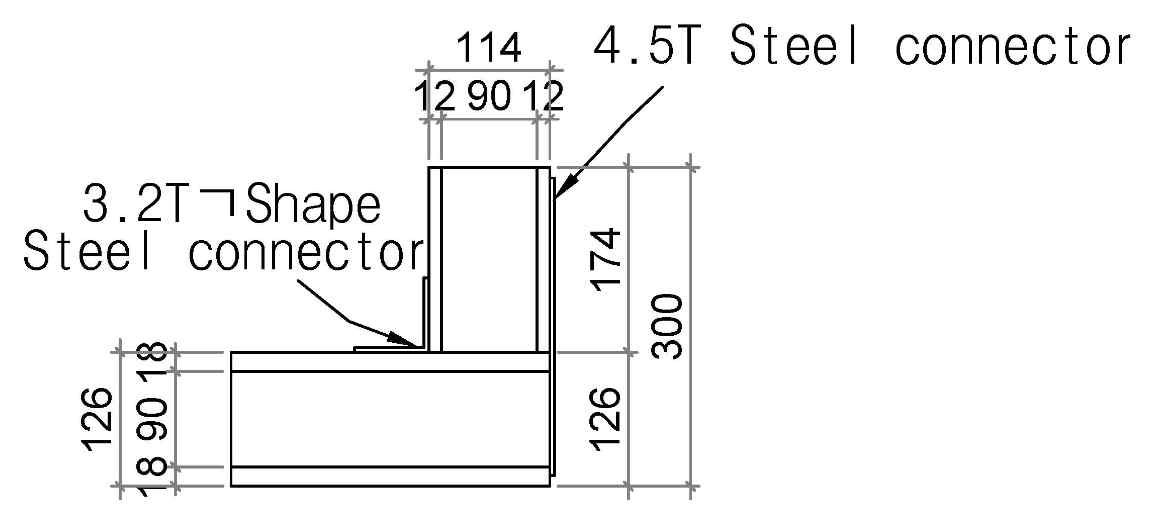 질복합 CLT 바닥-외벽 사이의 철물 접합부에 대한 섬유방향 및 섬유직각방향 전단시험 시편의 단면도