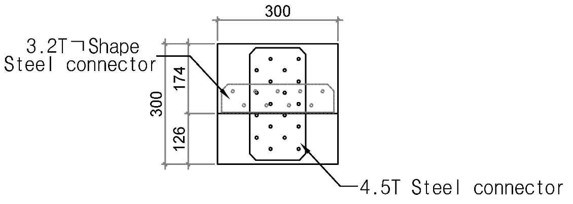 목질복합 CLT 바닥-외벽 사이의 철물 접합부에 대한 섬유방향 및 섬유직각방향 전단시험 시편의 입면도