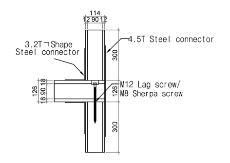 목질복합 CLT 외벽-바닥-외벽 사이의 철판 접합부에 대한 인장시험 시편의 단면