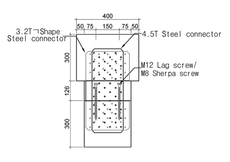 목질복합 CLT 외벽-바닥-외벽 사이의 철판 접합부에 대한 인장시험 시편의 입면도
