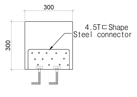 목질복합 CLT 외벽-기초 사이의 철물 접합부에 대한 섬유직각방향 전단시험 및 인장시험을 위한 시편의 입면도