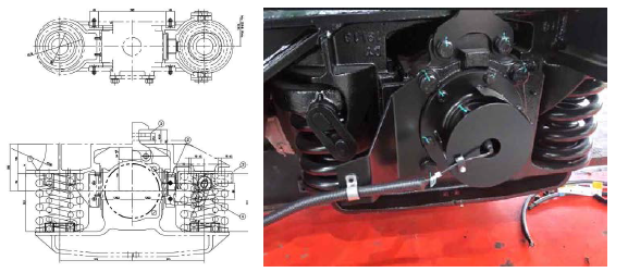 대차 완충장치 설계도 및 대차 내 제작된 완충장치