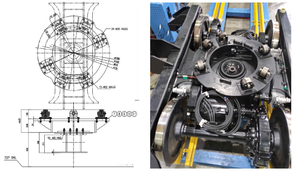 대차 회전롤러 설계도 및 제작된 대차내 회전롤러 부분