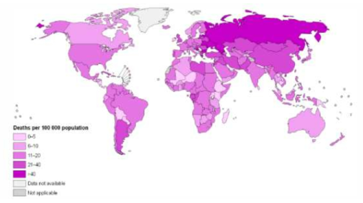 대륙별 대기오염에 따른 사망자 지도(WHO Map Production, 2011. 9. 26)
