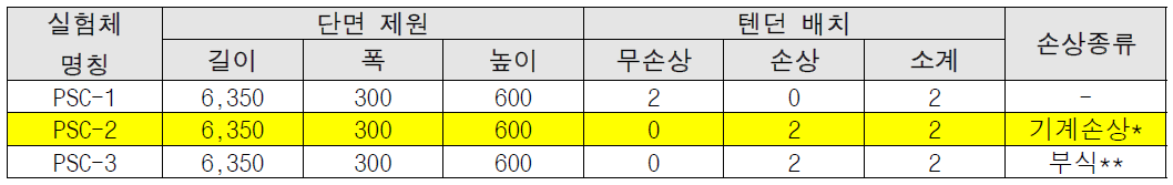 PSC 구조물 실험체 제원 (단위 : mm)