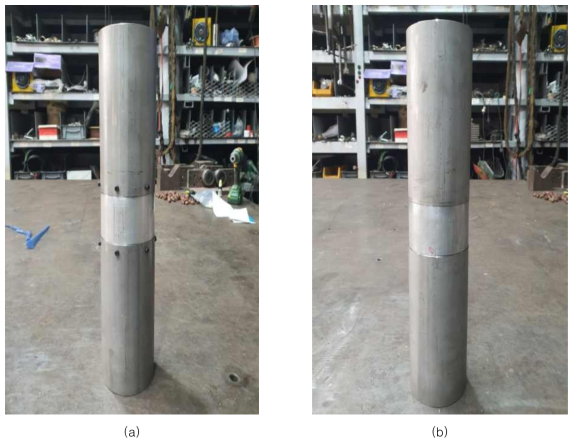 지반 변형 대응 부재와 강관 말뚝의 결합 방식: (a) 볼트식, (b) 나사선식
