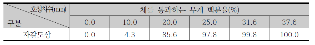 실내 시험용 자갈도상 체가름시험 통과 백분율(Scale down 40%)