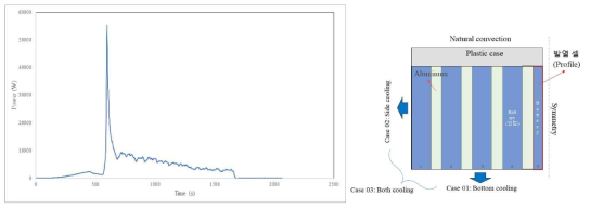 시간에 따른 열폭주 profile과 해석모델 개략도