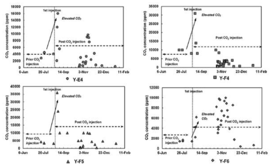 CO2 주입 실험 이후 농도의 변화를 보인 샘플링 지점별 CO2 농도