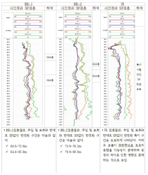 주변 암반 관측정에서의 자연전위 측정 결과