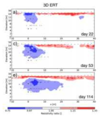 CO2 주입 후 전기비저항의 감소를 보여주는 역산결과 (Auken et al., 2014)