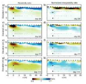 덴마크 서부의 Esbjerg에서 CO2 주입 후의 전기비저항 값과 정규화 충전율 비율(Doetsch et al., 2015)