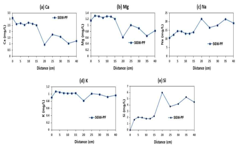 Phase 1: SGW – 양이온 농도의 공간적 변화: (a) Ca, (b) Mg, (c) Na, (d) K, (e) Si