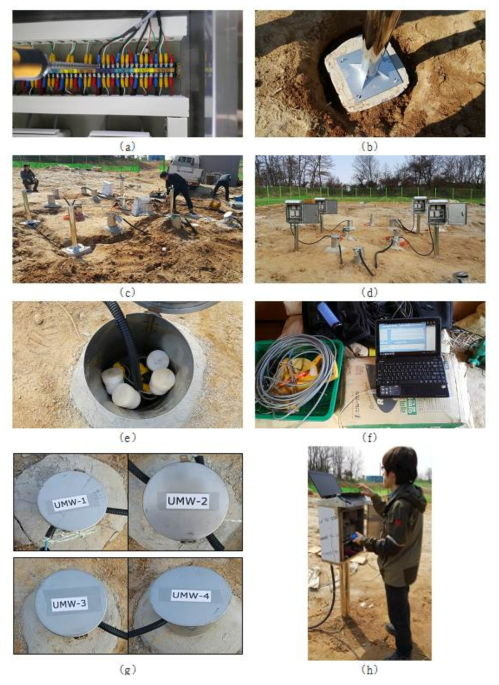 NDIR 센서를 관정에 설치하는 과정 (a) 센서연결, (b) 외부 보호 SUS 케비넷 설치, (c), (d) 외부 노출 선 보호를 위해 땅에 묻는 과정, (e), (g) 설치 이름 및 깊이 명시, (f), (h) 센서 작동 유무 판단 및 오차율 계산 후 보정