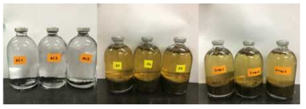 트리클로로에틸렌 수용액과 활성탄, 토양, 토양+활성탄 평형실험 후 고액분리 된 단계의 세럼병(반응용기)