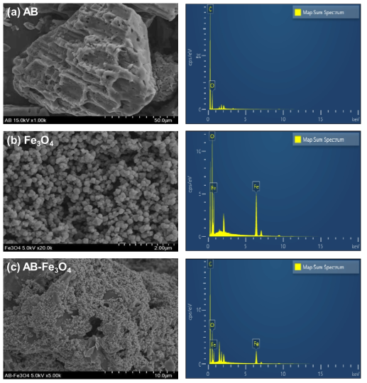 (a) AB, (b) Fe3O4, (c) AB-Fe3O4의 SEM 이미지 및 EDX spectra