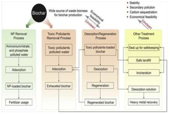 물에서 biochar 오염 물질 제거, biochar의 탈착/재생 및 기타 질병 프로세스를 사용하는 시스템의 개략도 (Patra et al., 2016)