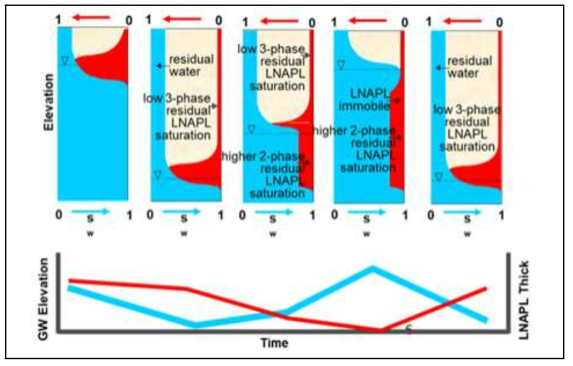 지하수위 변동에 따른 LNAPL 이동 및 잔류 모식도