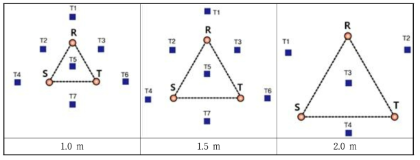 전극봉 간격에 따른 토양온도 모니터링 지점 (형태 : 파이프, 재질 : STS 316, 배열 : 3각)