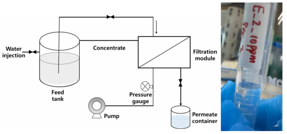 (좌) 한외여과막 실험의 모식도, (우) 에멀전의 처리수