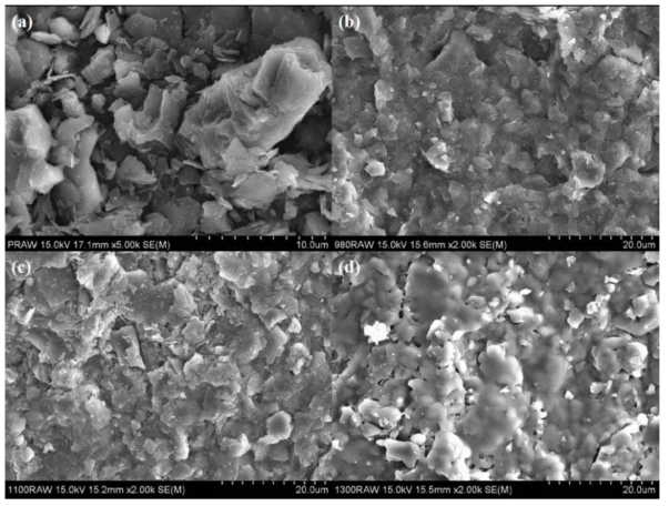 소성온도별 펠렛 표면 SEM사진(a; 납석, b; 1,000℃, c; 1,100℃ d; 1.300℃)