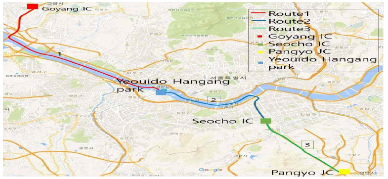 경로 1(고양 IC-여의도 한강공원), 2(여의도 한강공원-서초 IC), 3(서초 IC-판교 JC)