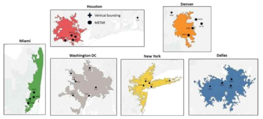 10개 대상 도시지역 중 6개에 대한 표면 및 vertical sounding 관측 위치